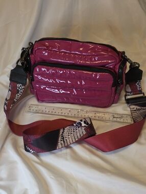 Patent Quilted Pink Crossbody Bag with Patterned Strap